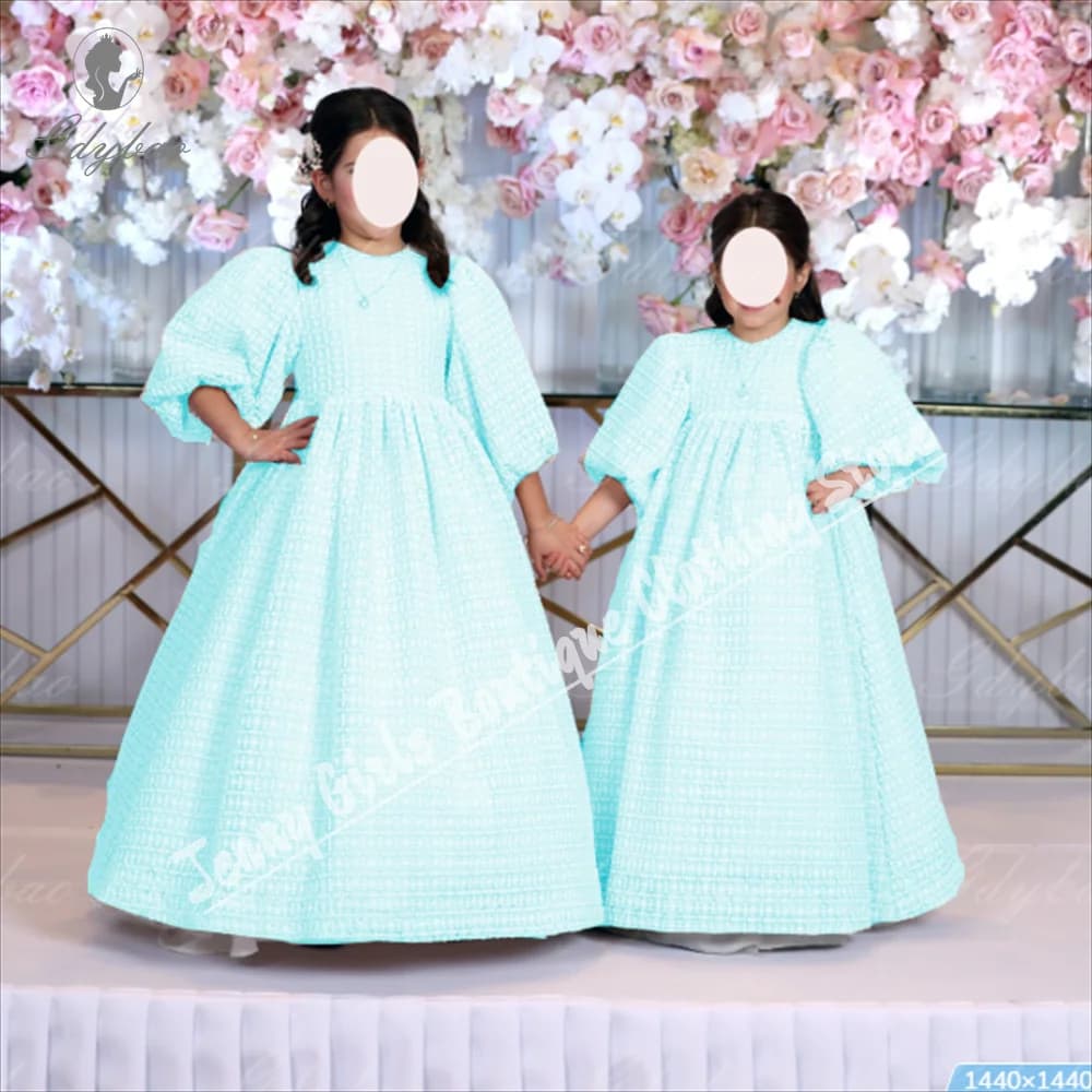 Nuovo bellissimo abito da ragazza di fiore gonfio azzurro cielo in pizzo per mezze maniche sorelle della sposa abiti da festa di compleanno di nozze