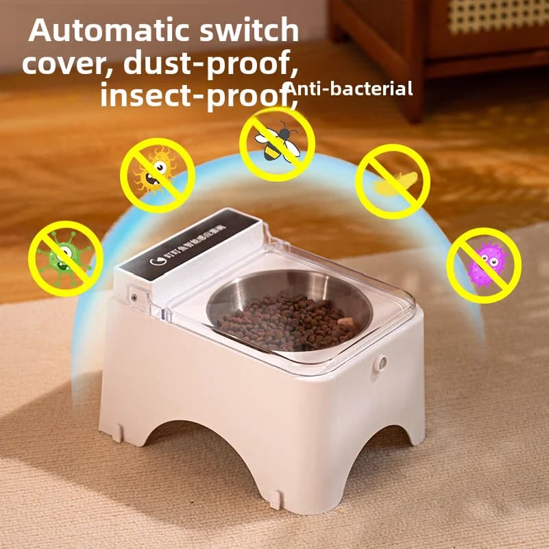Ciotola Intelligente per Gatti, Distributore Automatico di Cibo per Cani e Gatti con Sensore a Infrarossi, Coperchio Automatico, Dispenser Anti-topo