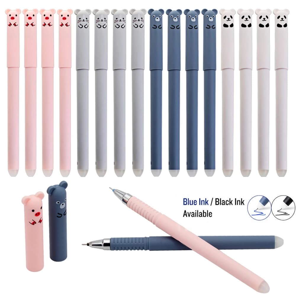 12Pcs 0.5mm Animals Pig Bear Panda Erasable Gel Pens Set,Blue/Black Washable Handle Magic Refills Rod for Office School Writing