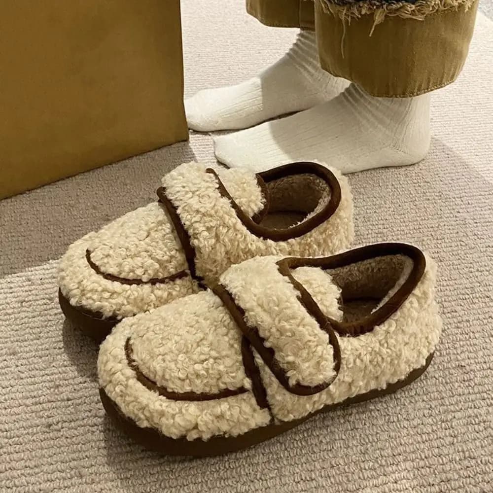 Pantofole calde a testa tonda Pantofole invernali casual antiscivolo da donna Pantofole in pile di agnello per interni ed esterni con suola morbida