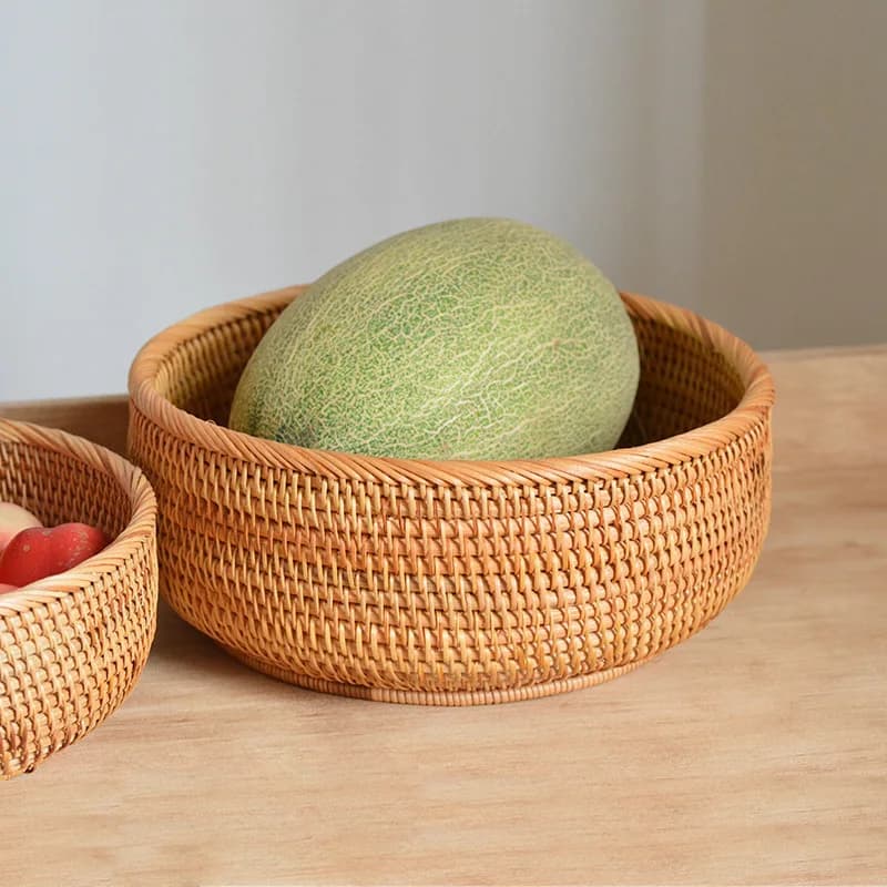 Cesto Portafrutta in Rattan Durevole, Cestino Portaoggetti da Tavolo, Contenitore Rotondo per Snack e Frutta Secca
