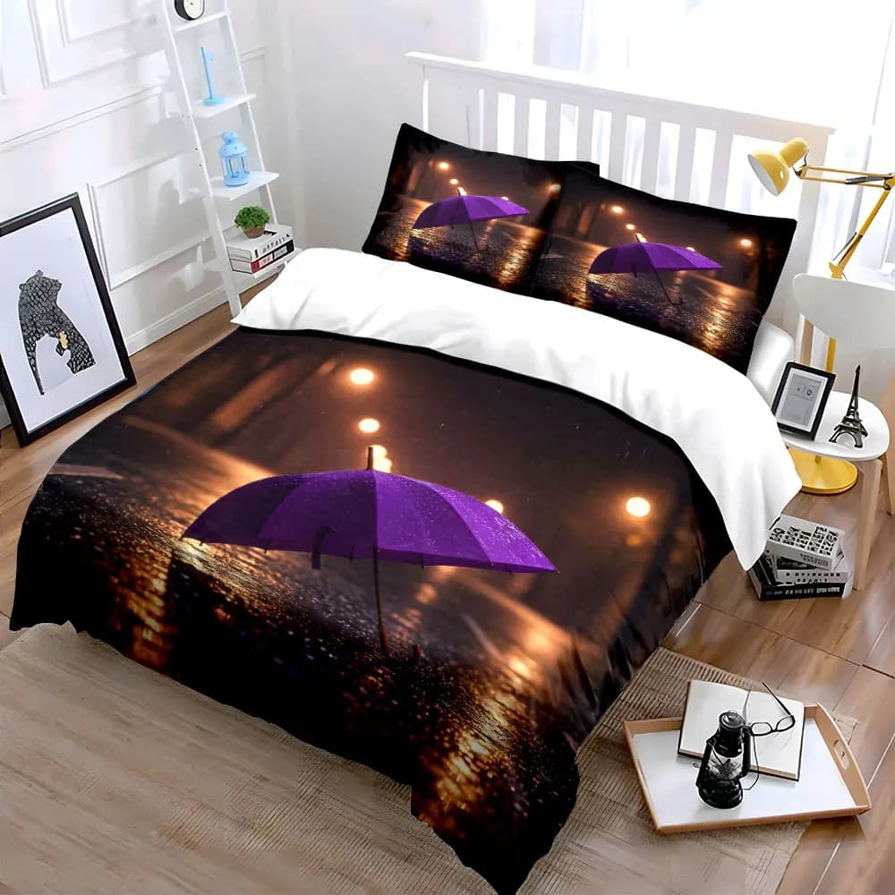 3Pcs Purple Umbrella on Rainy Night Bedding Set, City Street Lamp Reflection Print Duvet Cover, Exquisite bedding decor