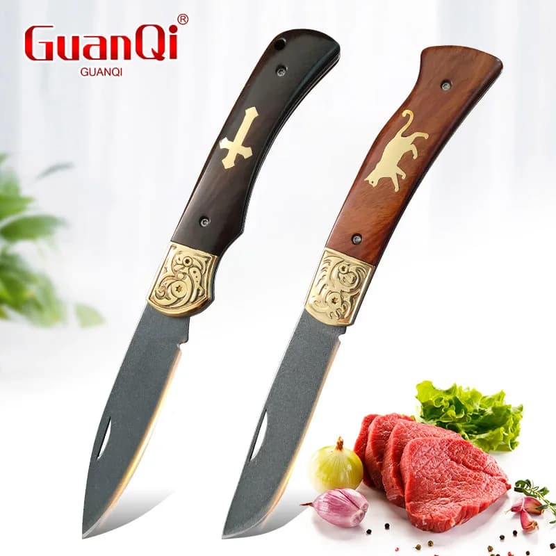 Kitchen knife with wood handle, Folding knife to slice meat, fruit and vegetables, Multipurpose knife