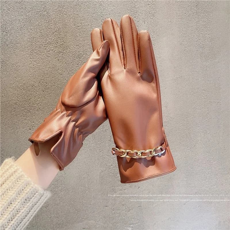 Eleganti guanti da donna in stile coreano con catena in metallo foderati in pile, guanti touchscreen a cinque dita con touch screen completo, autunno inverno