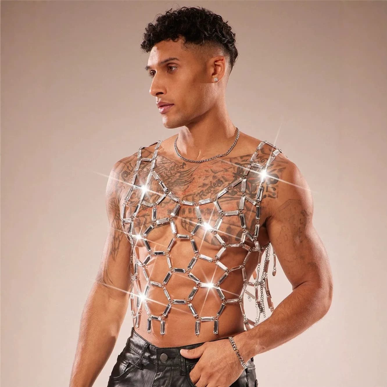 Men's Sequin Hollow out Vest Heavy Metal Acrylic Splicing Design Summer Punk Style Moisture Wicking Pure Color Fashion Vest