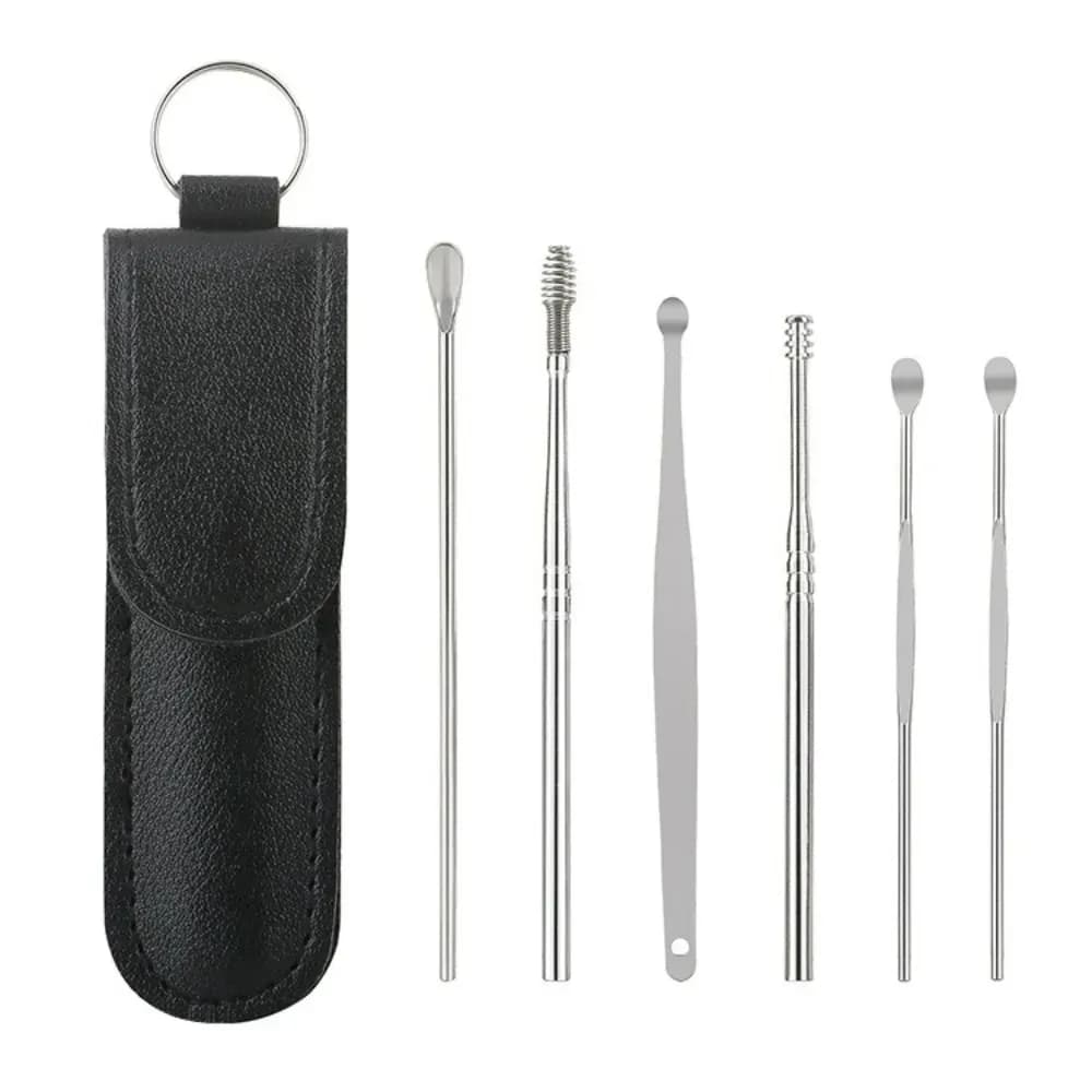 6Pcs Stainless Steel Ear Wax Removal Tool Set Reusable Spiral Ear Cleaner Spoon, Portable Ear Cleaning Kit for Adults & Home Use
