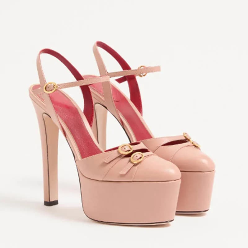 Plus Size Women Sandals 2026 Chunky Platform Heels Patent Leather Round Toe Hollow Metal Buckle Super High
