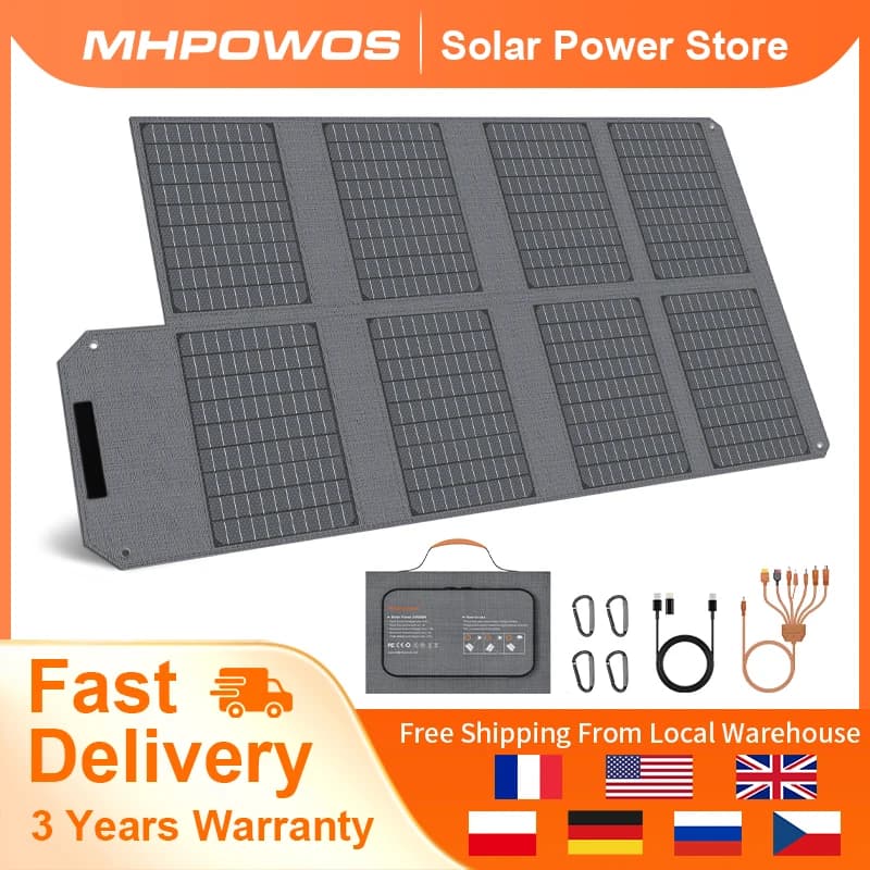 MHPOWOS Portable 80 W Foldable Solar Panel Power Adapter with 4 Doors (DC/USB-C/2xUSB-A) and 7 In 1 Connector for Emergency Backup