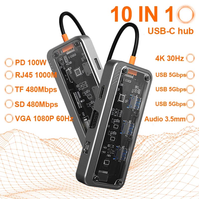 Adapter Basix USB C HUB 10 in 1 with 4K HDTV 100W PD USB 3.0 Docking station SD 5 Gbps for iPhone15 16pro MacBook Air accessories