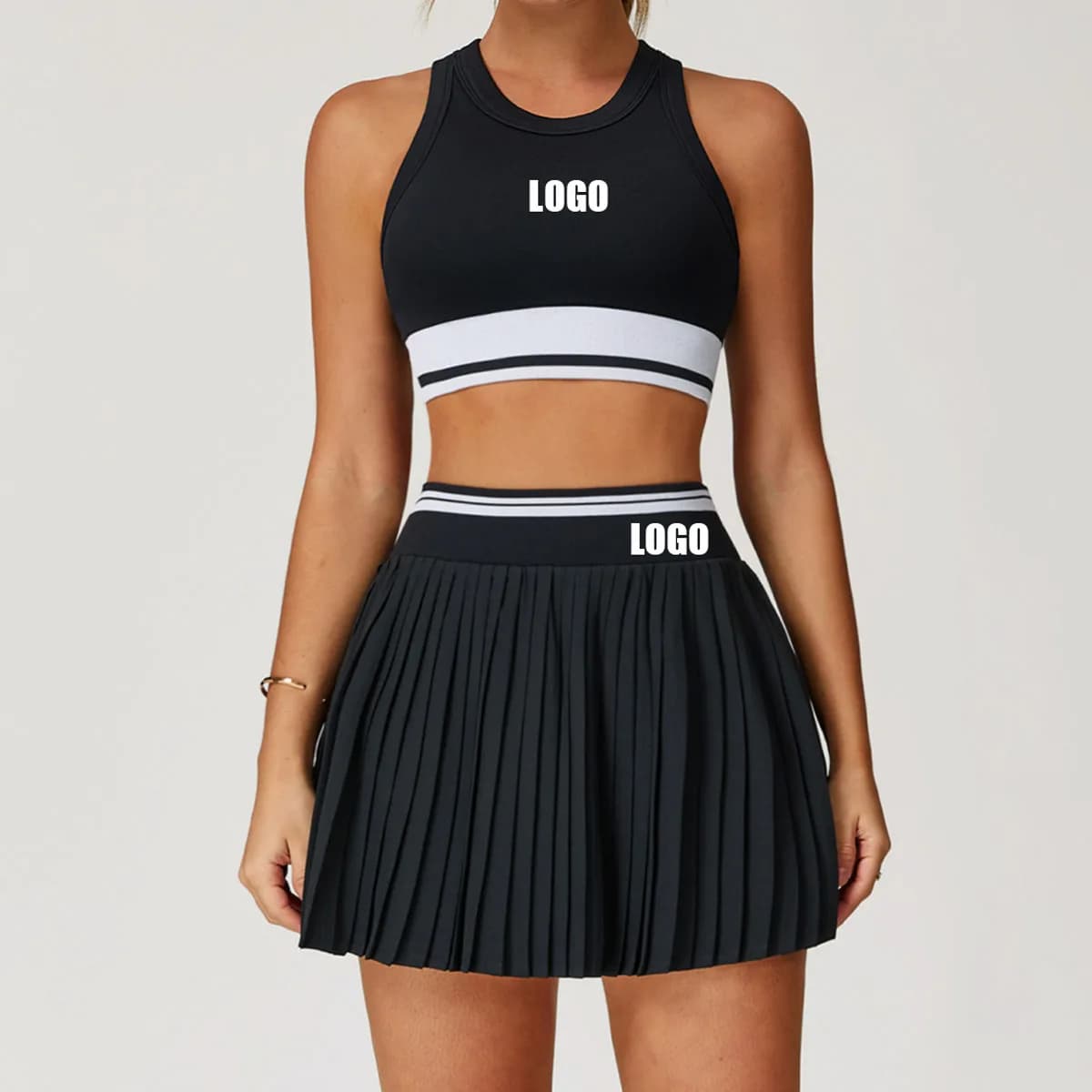 Customized LOGO Women's Quick Drying Waist Yoga Belt High Waist Anti-Light Running Cycling Fitness Tennis Skirt Two Piece Set