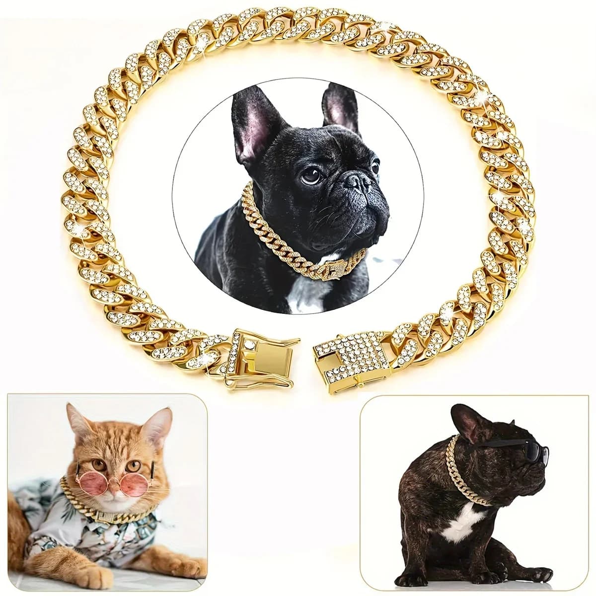 Collare a catena per cani con diamanti Collare a catena in metallo cubano dorato per cani Gatti Accessori per gioielli in cristallo per animali domestici Collare cubano