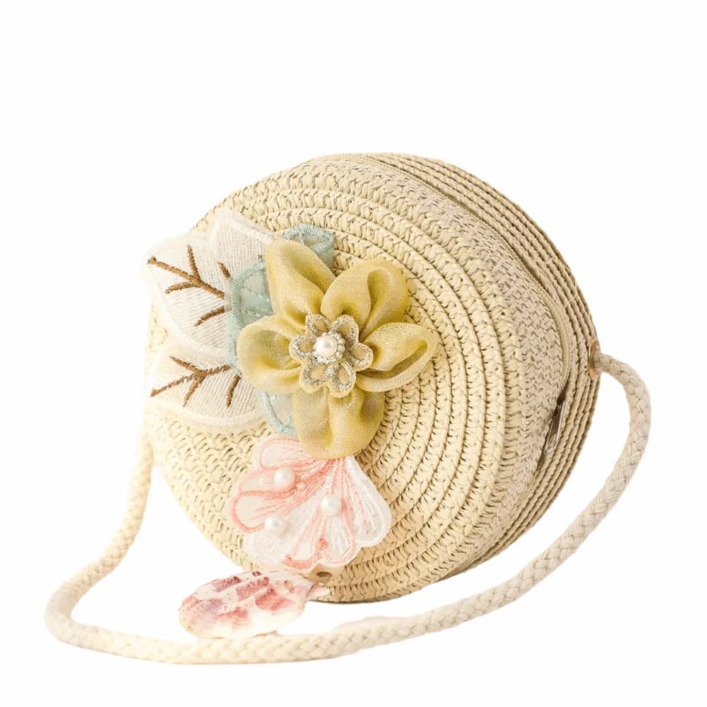 Flower Pattern Round Shape Straw Bag Woven Design Flower Princess Handbag Handmade Crossbody Style Messenger Bag Princess Theme