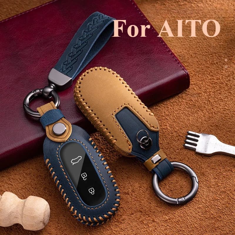 Portachiavi per auto in vera pelle fatto a mano con portachiavi, custodia per carta, protezione NFC, borsa a conchiglia, portachiavi per AITO M5 M7 M5 EV