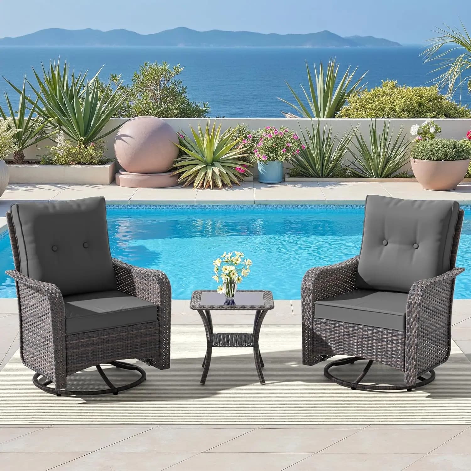 #Swivel Rocking Patio Chairs Set 2 4" Cushion High Back Wicker Side Table Outdoor Porch Poolside, Customized