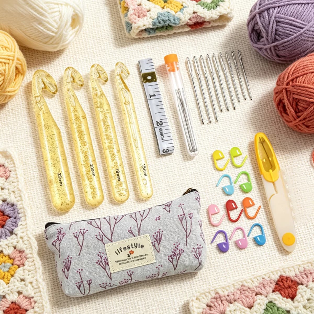 1Set 15-25mm ABS Crystal Crochet Hook Set with Flowing Sand Decoration, Transparent Plastic Knitting Needles Kit, ZSY