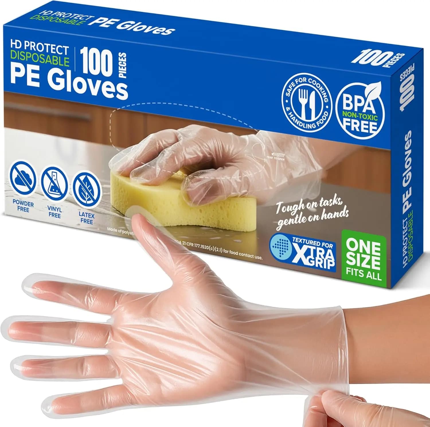 Disposable Plastic Gloves 100 Pack – Food Safe, BPA & Latex-Free HDPE Cryogenic Gloves for Cooking, Food Prep, Kitchen Use, Serv