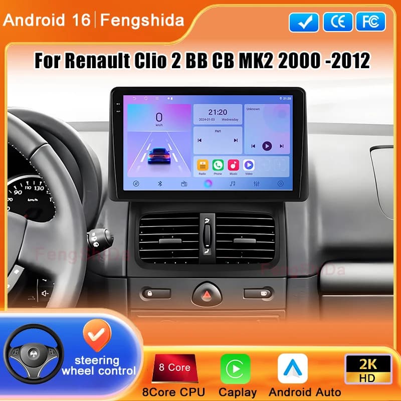 WIFI per Renault Clio 2 BB CB MK2 2000-2012, Autoradio Android 16, Lettore Multimediale Video, Stereo con Navigazione GPS, Senza DVD 2din