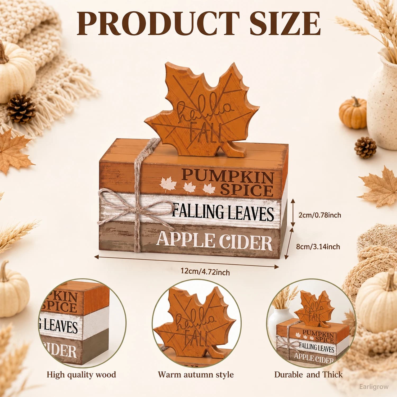 Fall Wooden Stacked Blocks Sign, Hello Fall Autumn Decor with Maple Leaf, Pumpkin Spice Falling Leaves Apple Cider, Rustic Farmhouse Tabletop Decor