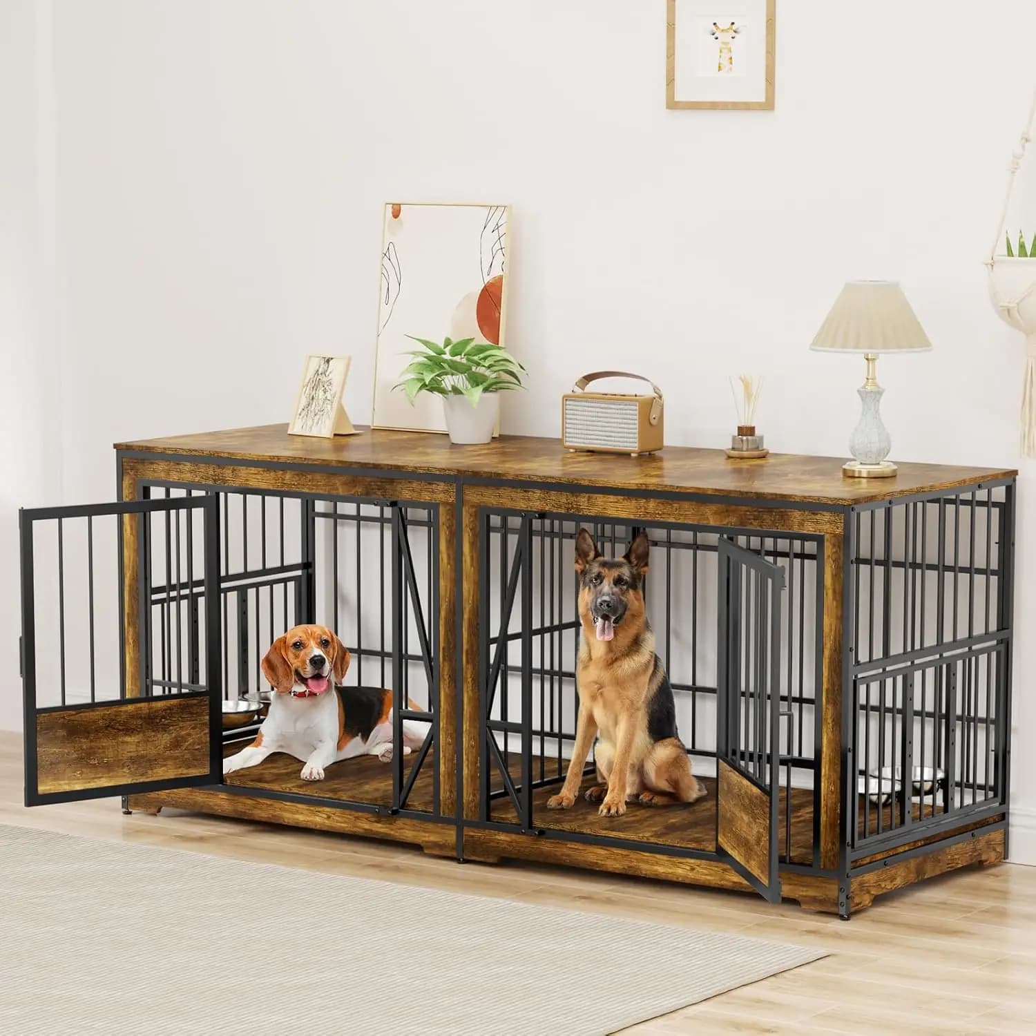 Mobile per 2 cani da 61'' con gabbia doppia, supporto TV e divisorio regolabile, cuccia resistente per 2 cani, personalizzabile