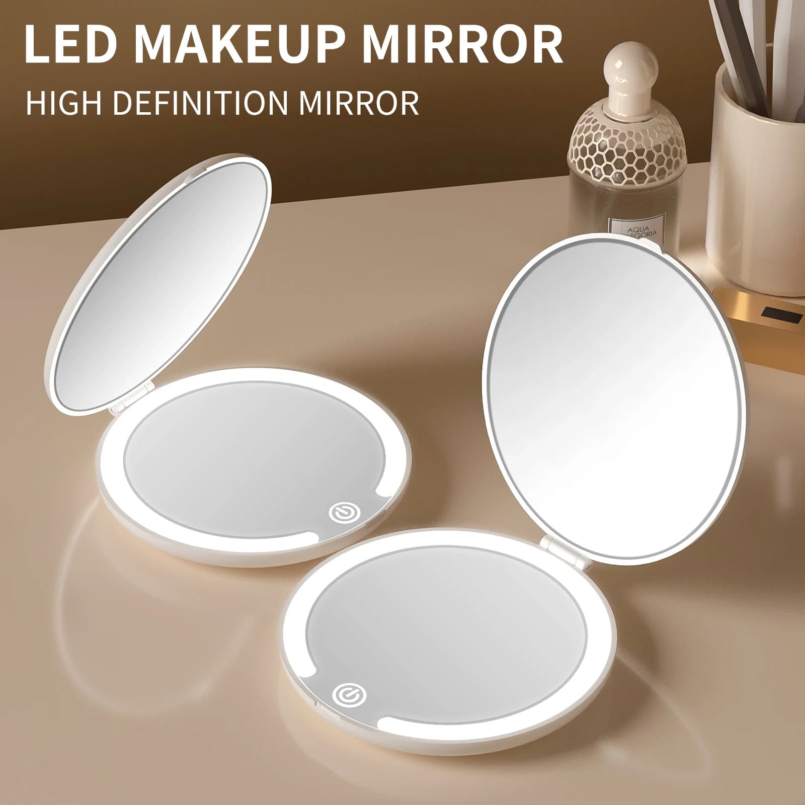 Specchio da Trucco da Viaggio con Luce LED, 3 Colori di Luce, Ingrandimento 5X, Specchio Compatto Portatile