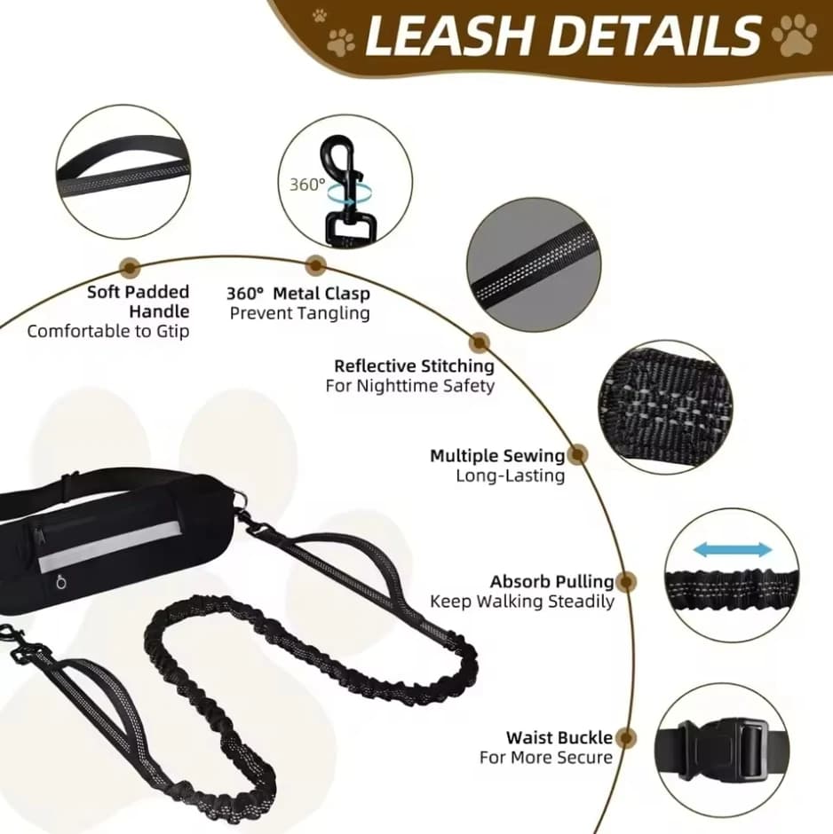 2in1 Hands Free Dog Leash Retractable Leash with Dual Padded Handle Waist Belt for Dogs Running Walking Jogging Training