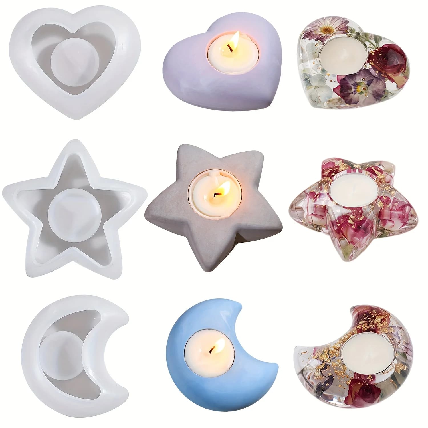 Stampi in resina per colata con stelle, lune e cuori per candele profumate e portacandele, realizzati in silicone. Progettati per