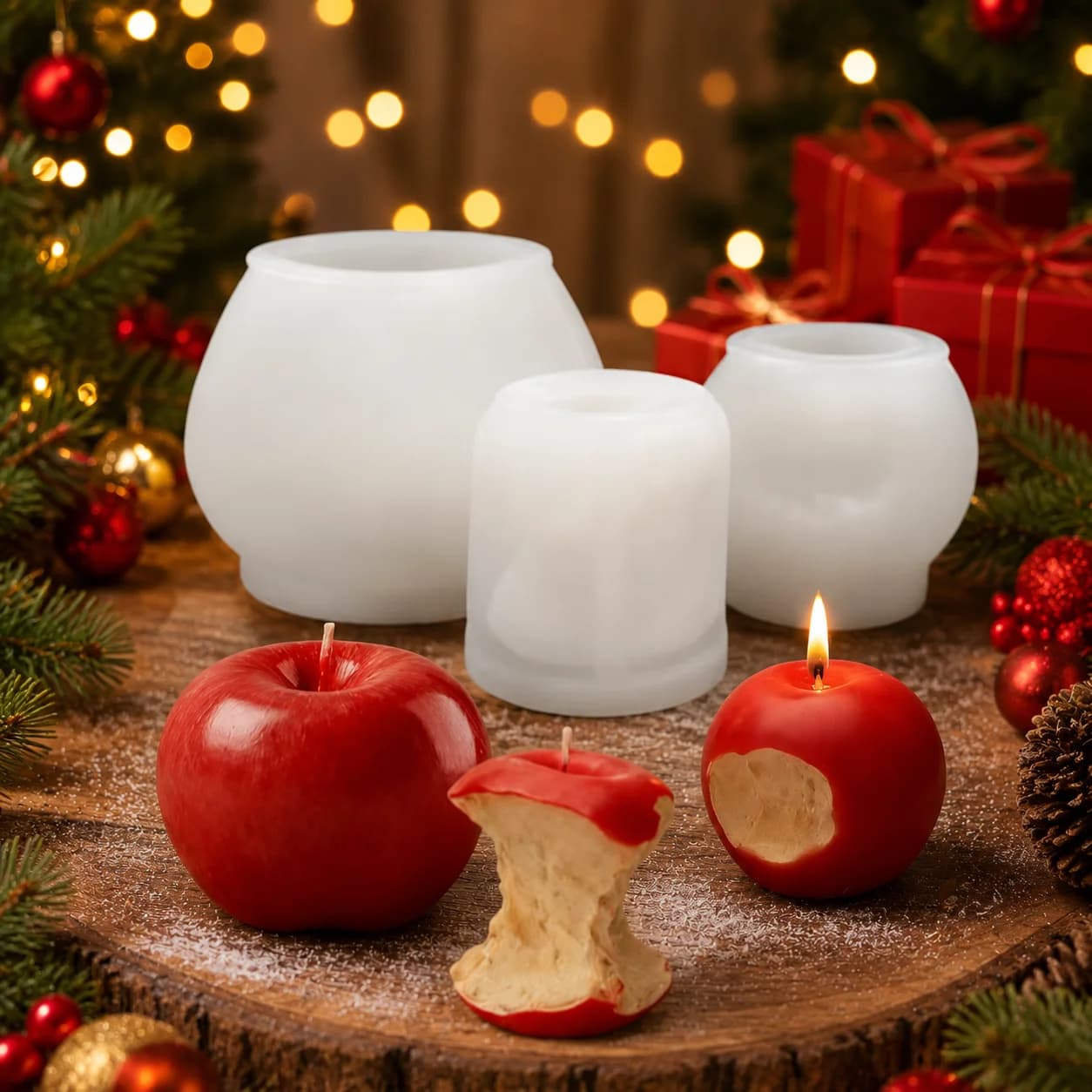 3D Apple Silicone Candle Molds Set Food Grade Reusable Whole Bitten Apple Core Shape Mould for DIY Candle Making Soap Resin Cra