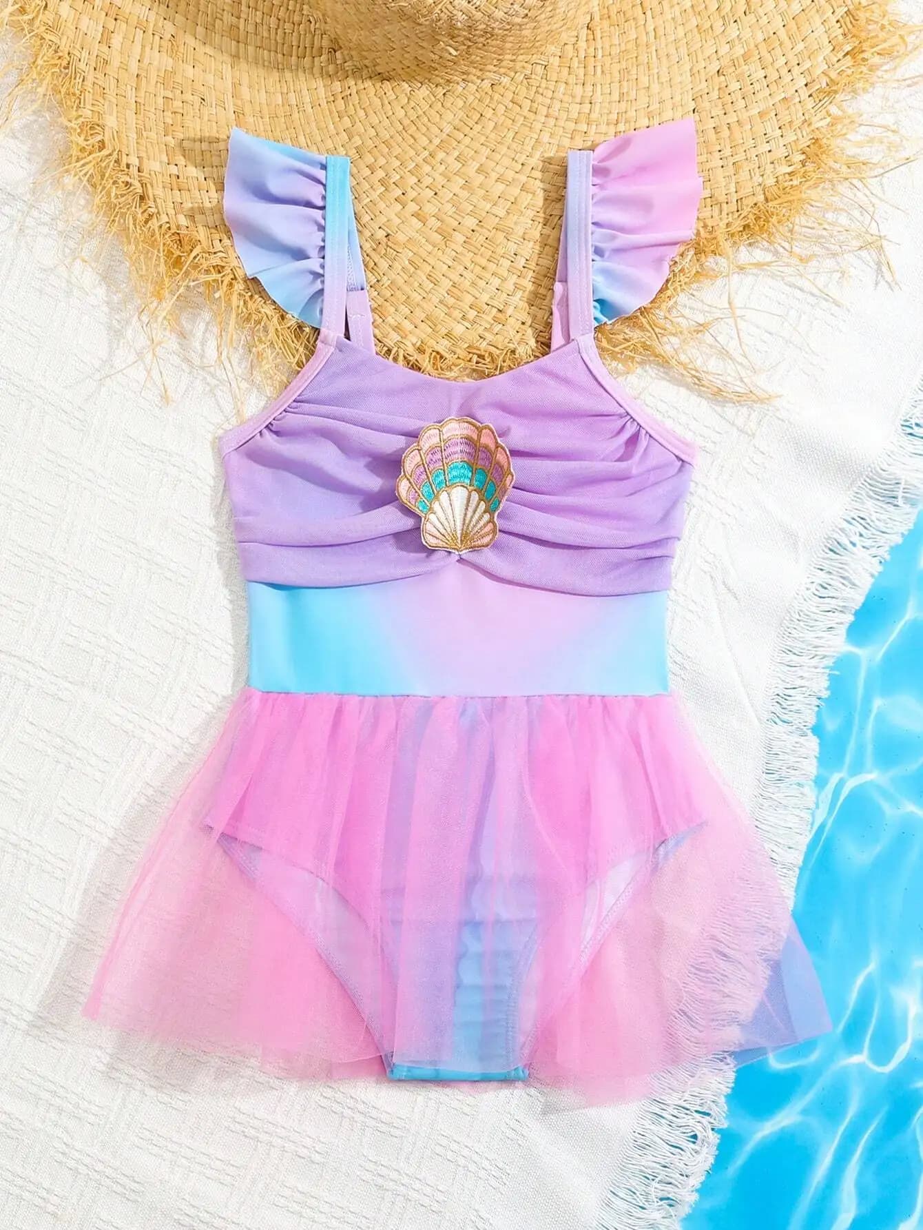 Costume intero da donna con ricamo a conchiglia e inserti in rete effetto sfumato