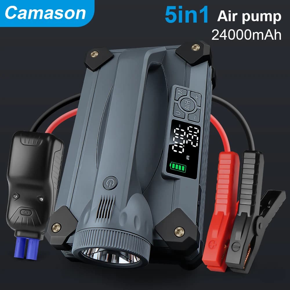 Gonfiatore per pneumatici per bicicletta elettrica per auto con compressore per pompa d'aria portatile Camason con avviamento per auto Lampada da campeggio Torcia elettrica Power Bank