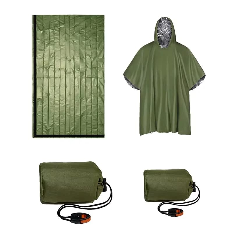 Emergency Survival Rain Poncho Thermal Survival Space Blanket Raincoat Heat Reflective Waterproof for Camping Hiking