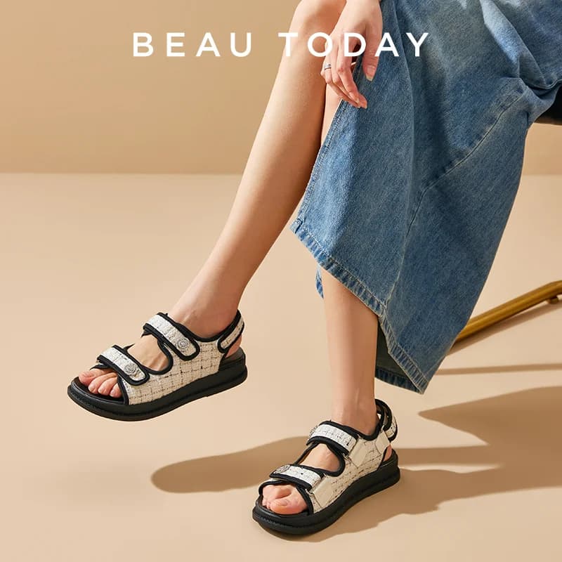 BeauToday Women's Sandals Elastic Front Strap And Rear Flats Round Toe Casual Women's Shoes Summer Handmade 34549
