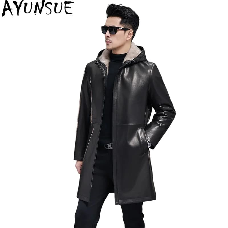 AYUNSUE Giacca in vera pelle di capra Uomo Inverno 2025 Cappotto in pelliccia di visone Cappotto di media lunghezza in pelle nera Cappotti di pelliccia con cappuccio