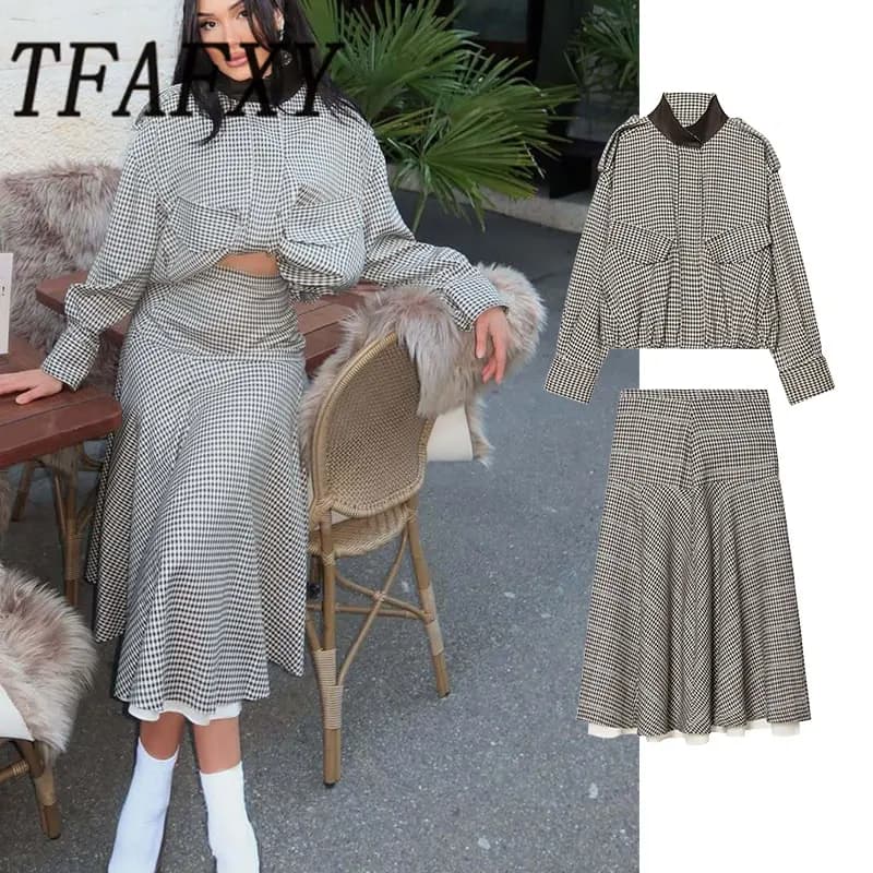 TFAFXY2026 Set Primaverile Casual Chic da Donna, Giacca a Quadri con Colletto Alto e Chiusura a Zip, Gonna Midi, Nuova Moda Streetwear