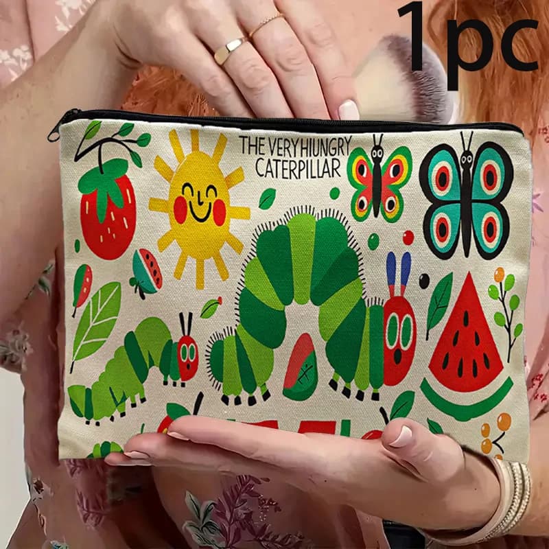 The Very Hungry Caterpillar Cosmetic Bag Cartoon Caterpillar Fruit Print Zipper Makeup Pouch Women Travel Toiletry Storage Bag