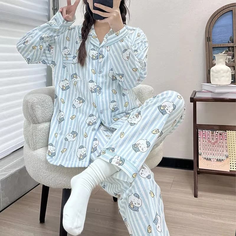 Set Pigiama Kawaii Chiikawa per Donna, Abbigliamento da Casa in Stile Giapponese, Pigiama Hachiware con Maniche Lunghe e Pantaloni, Moda Dolce Usagi