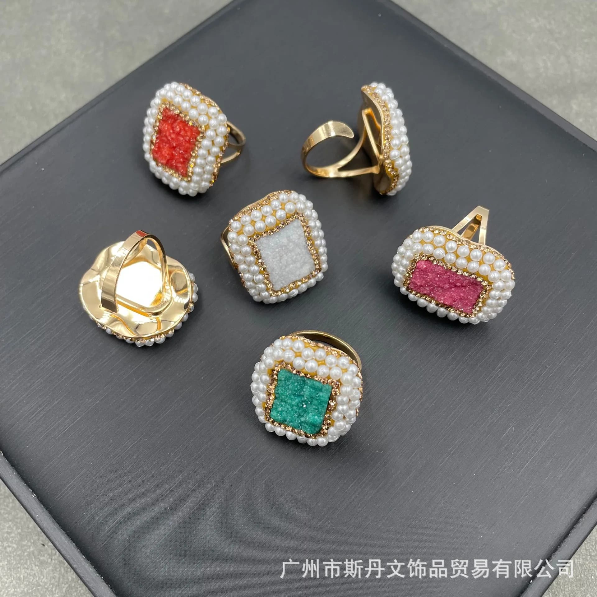 Natural Raw Mineral Crystal Pearl Ring, European and American Luxury niche Jewelry, Handmade Diamond