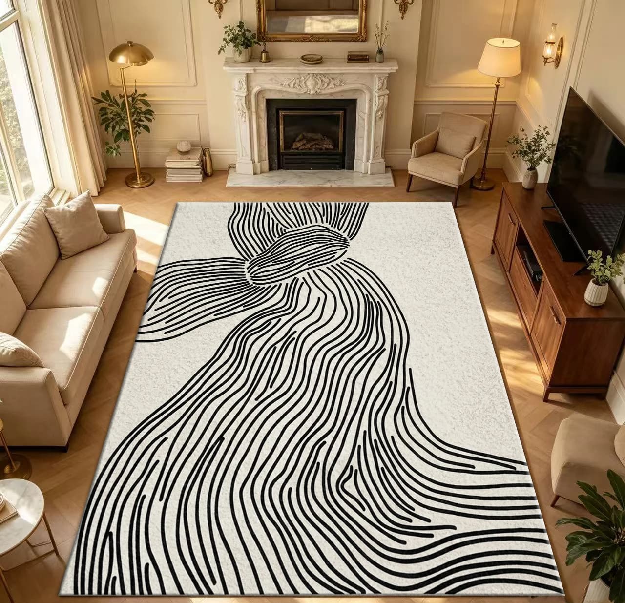 Minimalist Black Line Abstract Wave Area Rug Boho Textured Line Art Carpet Non Slip Washable Living Room Bedroom Floor Mat