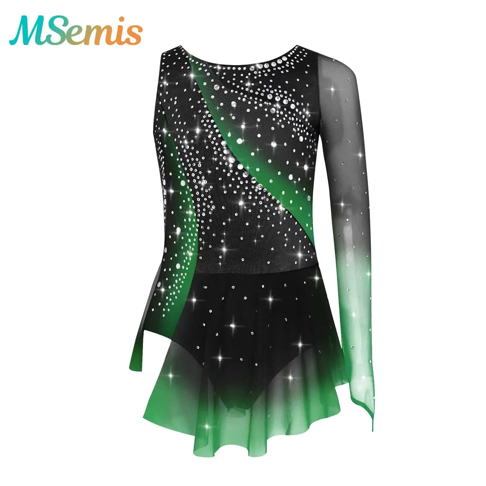 Ragazze dei capretti Strass lucidi Ginnastica ritmica Pattinaggio di figura Maglia da balletto Body da danza lirica Costume Abito con gonna divisa