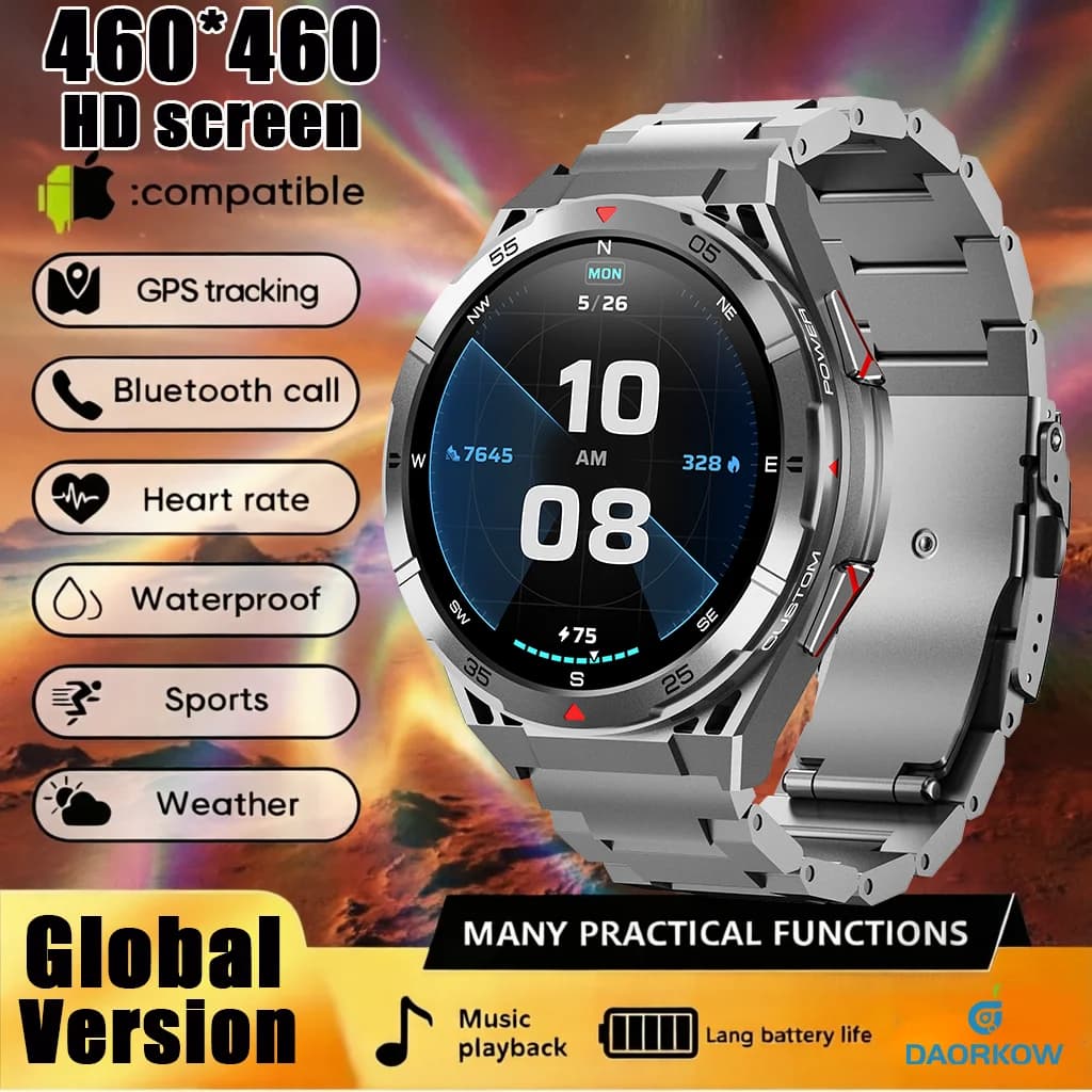 Smartwatch GPS 2026 NUOVO con Bussola, Monitoraggio Frequenza Cardiaca, Musica, Chiamate Wireless, Impermeabile 5ATM per Esterni, Schermo HD, Batteria a Lunga Durata, Uomo