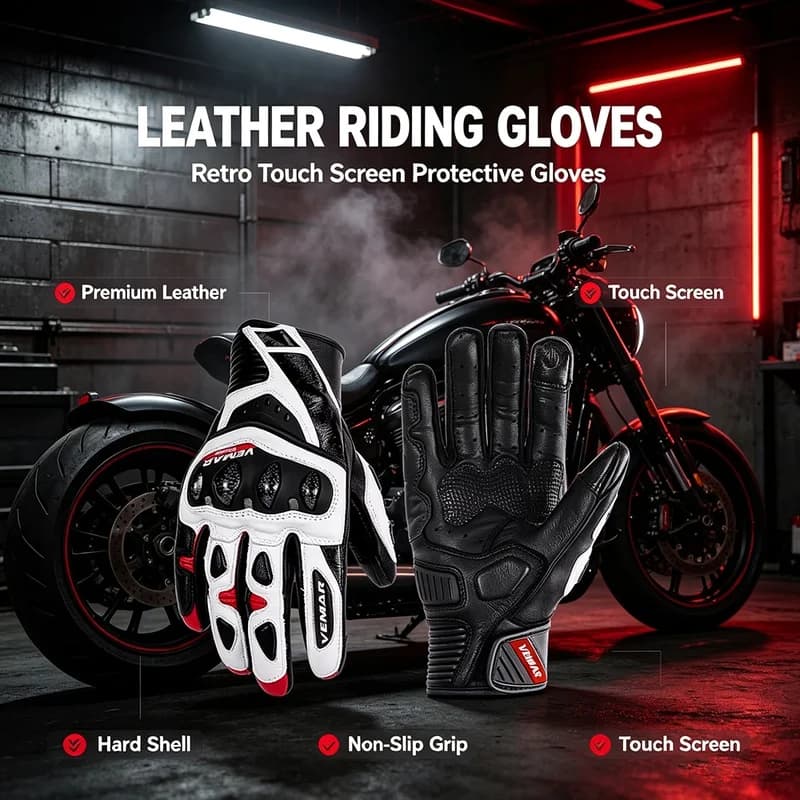 VEMAR Retro Leather Motorcycle Gloves Men Touch Screen Full‑Finger Protective Motocross Off‑Road Dirt Bike Racing Riding Glove