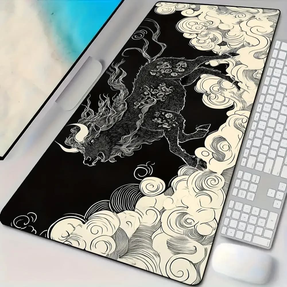 Tappetino per mouse bue bestia divina in stile giapponese Tappetino da scrivania con bordi cuciti Accessori per PC con base in gomma naturale Tappetino da gioco maus pad