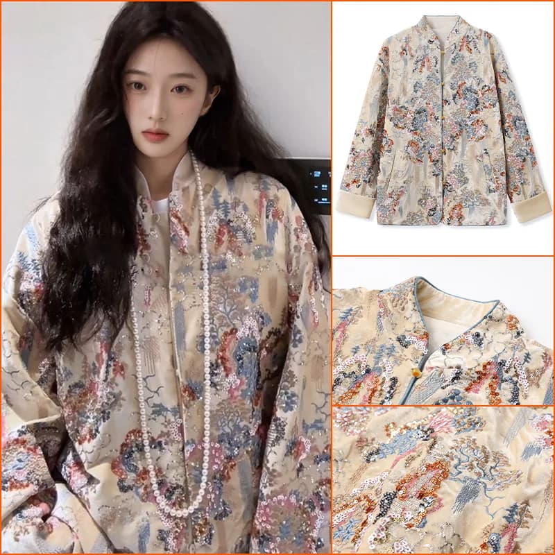 Giacca di lusso Tang Vestiti Ricamo con paillettes Colletto alla coreana Costume Hanfu Womem Caldo velluto Qipao Top Regalo del festival di primavera
