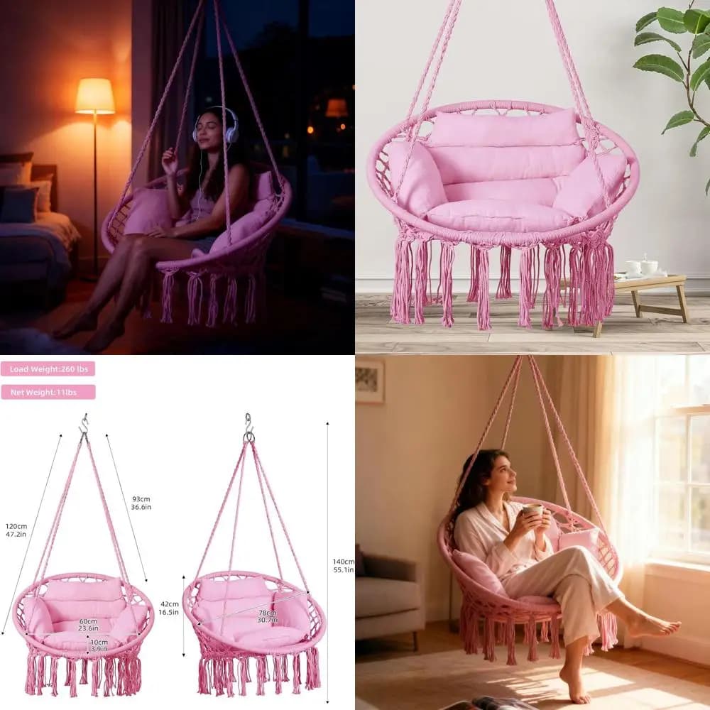 Sedia a dondolo sospesa in peluche rosa con cuscino per patio esterno, balcone o camera da letto