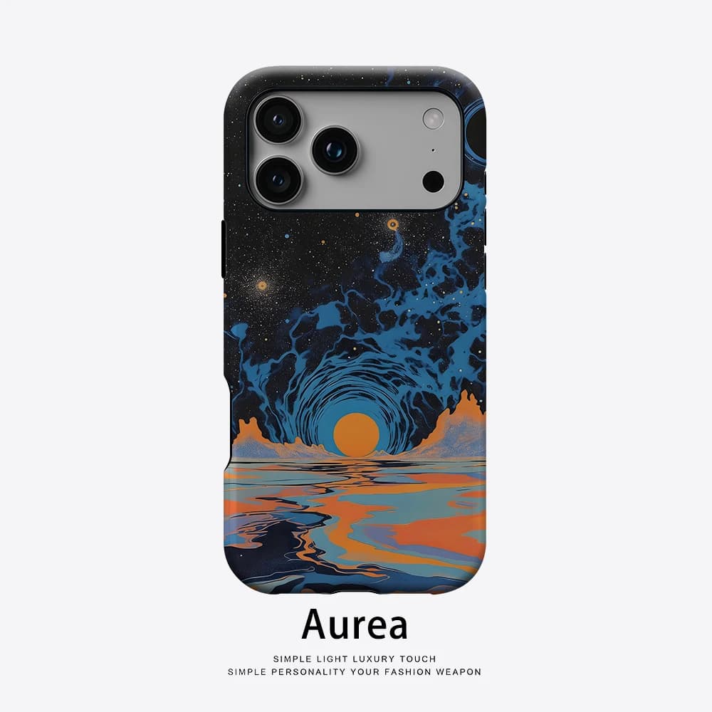 Custodia Aurea opaca antiurto per MagSafe per iPhone 17 16 15 14 Plus 13 Pro Max, in PC rigido, con design Black Hole Sunset