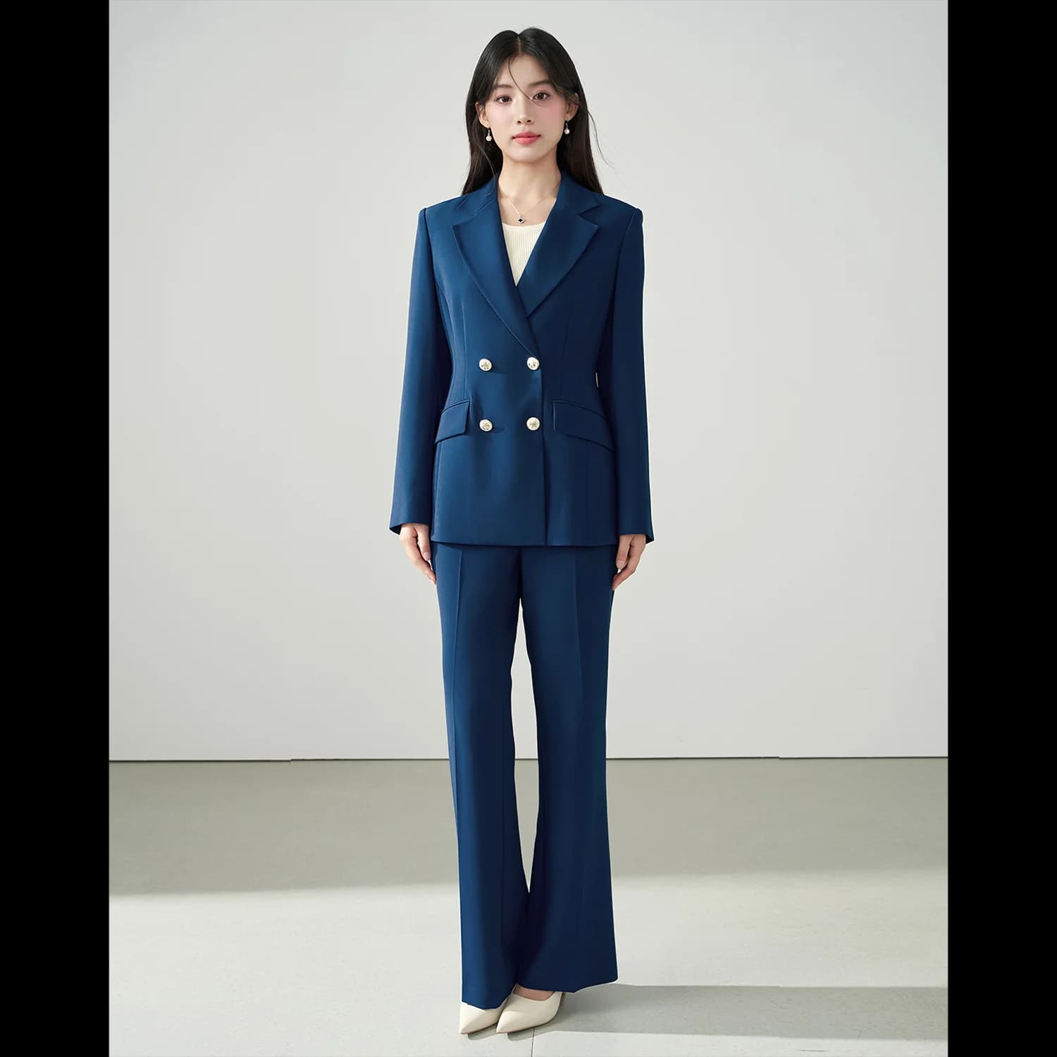 Allingentle Set da 2 pezzi da donna blu Giacca doppiopetto Set di tailleur pantalone da donna alla moda per abiti da ufficio Personalizza