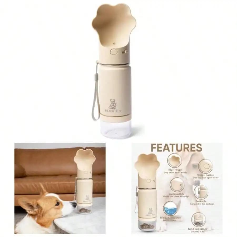 Bottiglia portatile per cani in acciaio inossidabile da 10 Oz con contenitore per cibo - Bottiglia per animali domestici - Dispenser portatile per cani con ciotola e contenitore