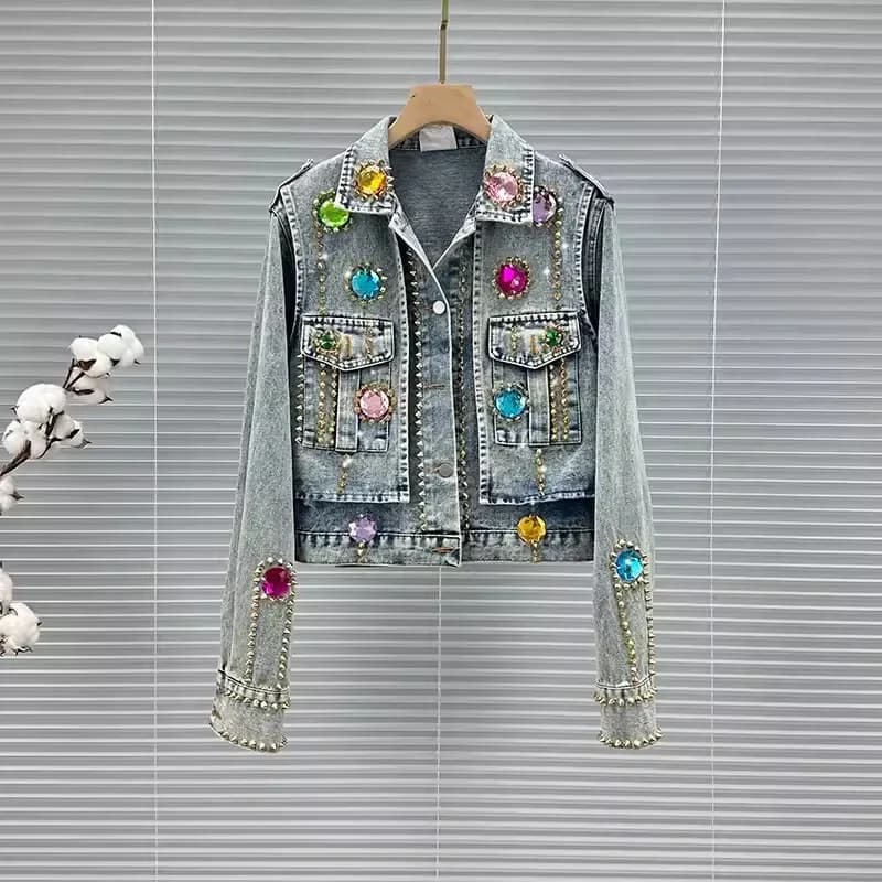 Giacca da lavoro pesante con rivetti in rilievo e diamanti da donna, giacca di jeans azzurra, giacca di jeans corta casual, abiti primaverili femminili, moda streetwear