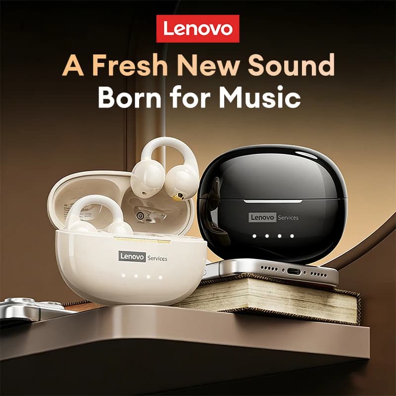 Auricolari Lenovo RS129 Open Back con riduzione del rumore ENC per le chiamate, cuffie Bluetooth wireless a clip, auricolari dual-mode per gaming e musica