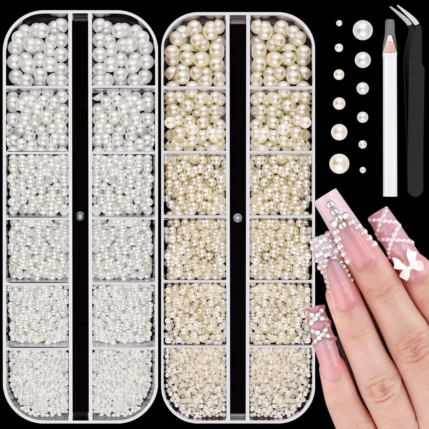 2 Box Flatback Nail Art Pearls Kit White Beige Golden Silvery Small Half Round Beads Rhinestones with Pickup Pencil and Tweez