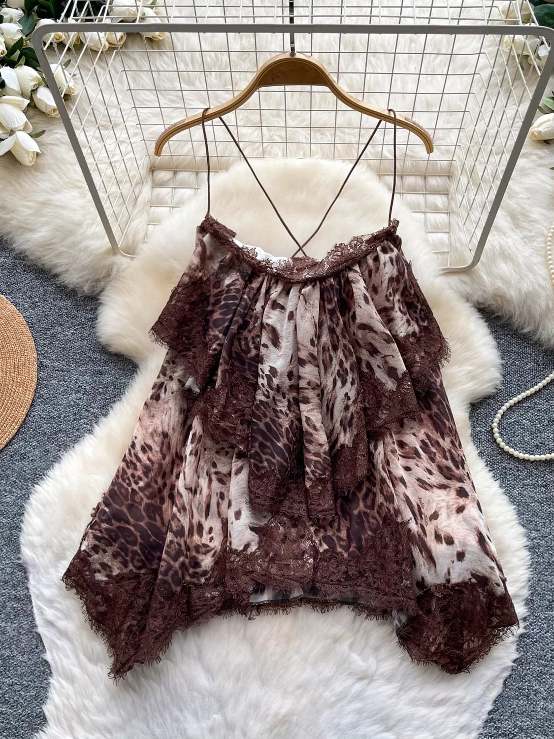 Summer Design Sense Pure Desire Style Women's Strap Dress Backless Short Skirt Leopard Print Korean Style High Waist A-Line D...